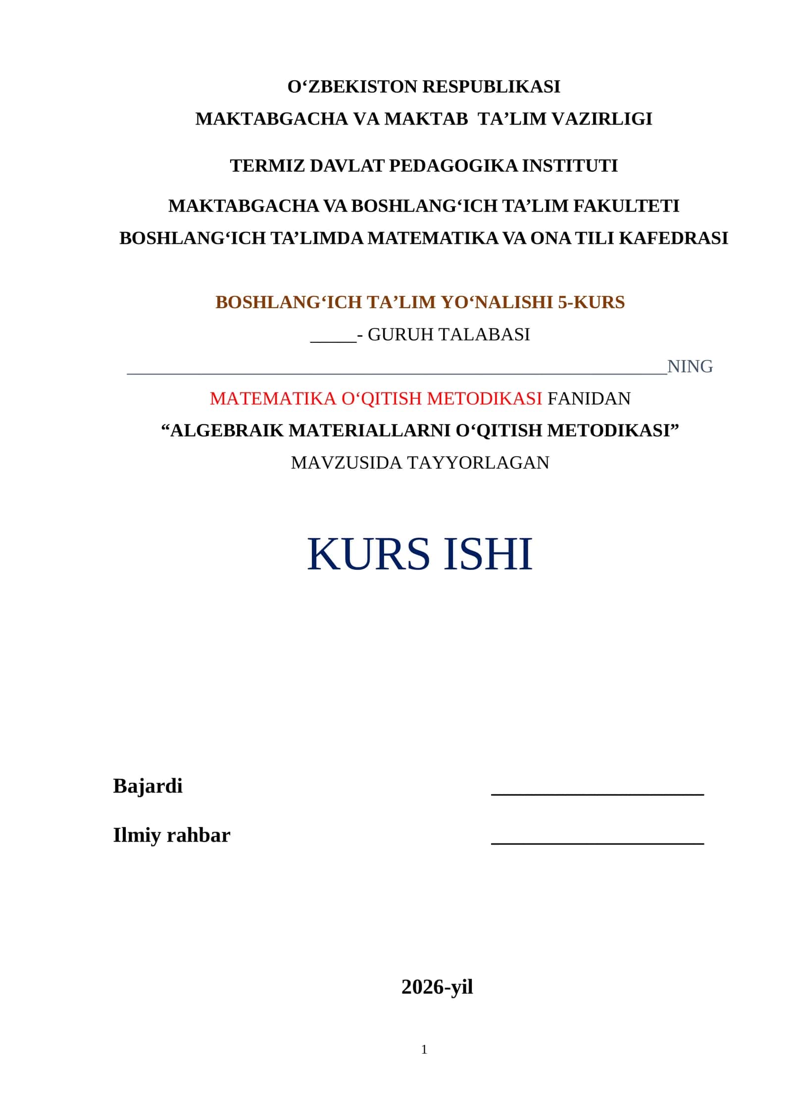 ALGEBRAIK MATERIALLARNI O‘QITISH METODIKASI 1