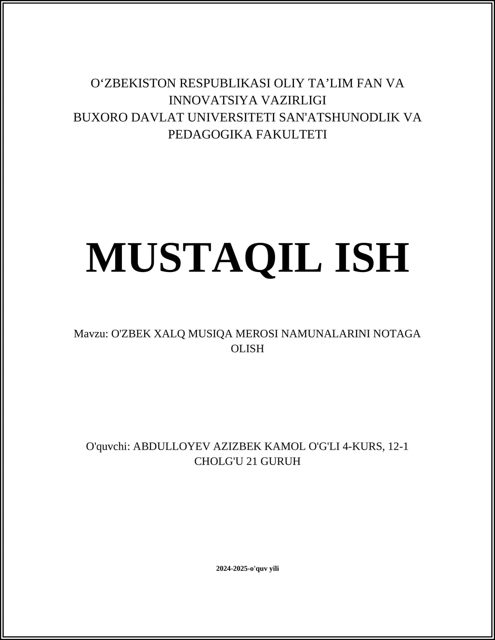 O'ZBEK XALQ MUSIQA MEROSI NAMUNALARINI NOTAGA OLISH 1