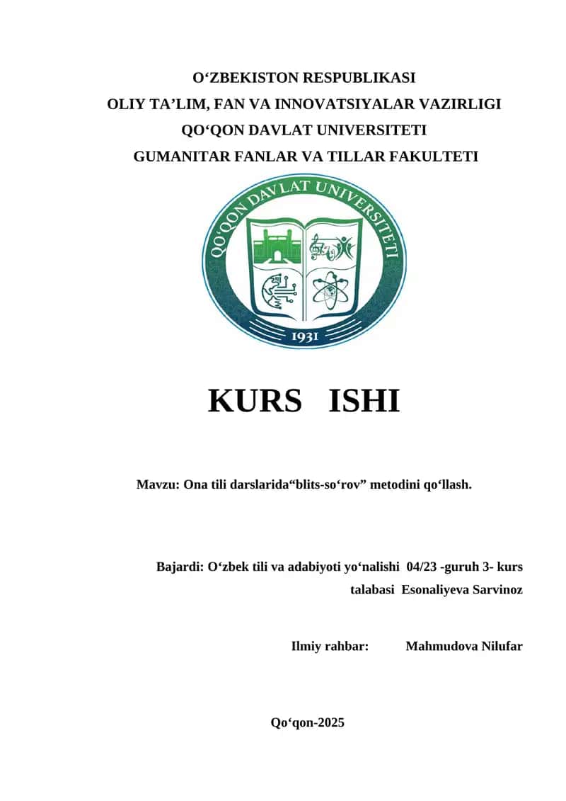 Ona tili darslarida“blits-so‘rov” metodini qo‘llash. 1