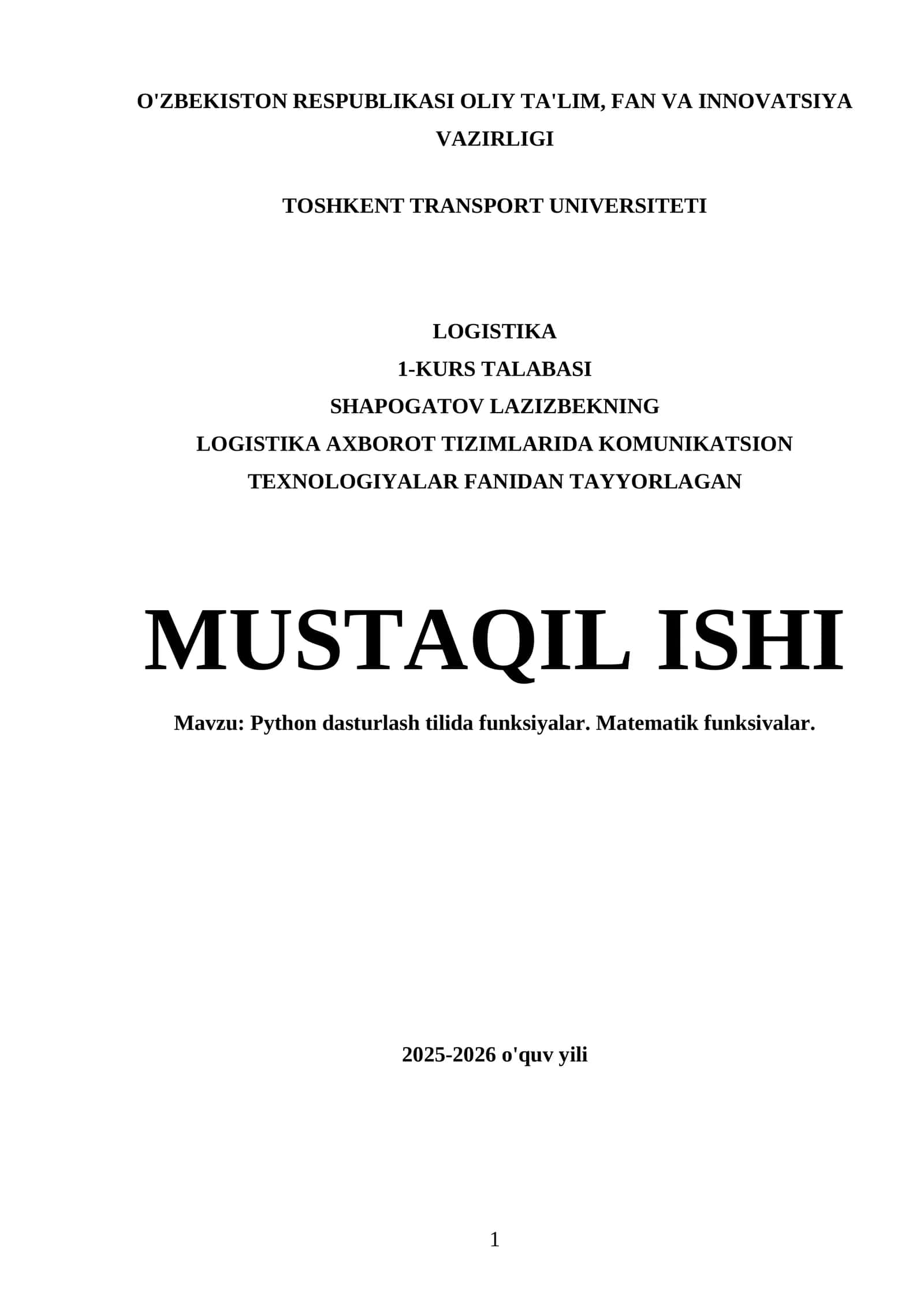Python dasturlash tilida funksiyalar. Matematik funksivalar 1