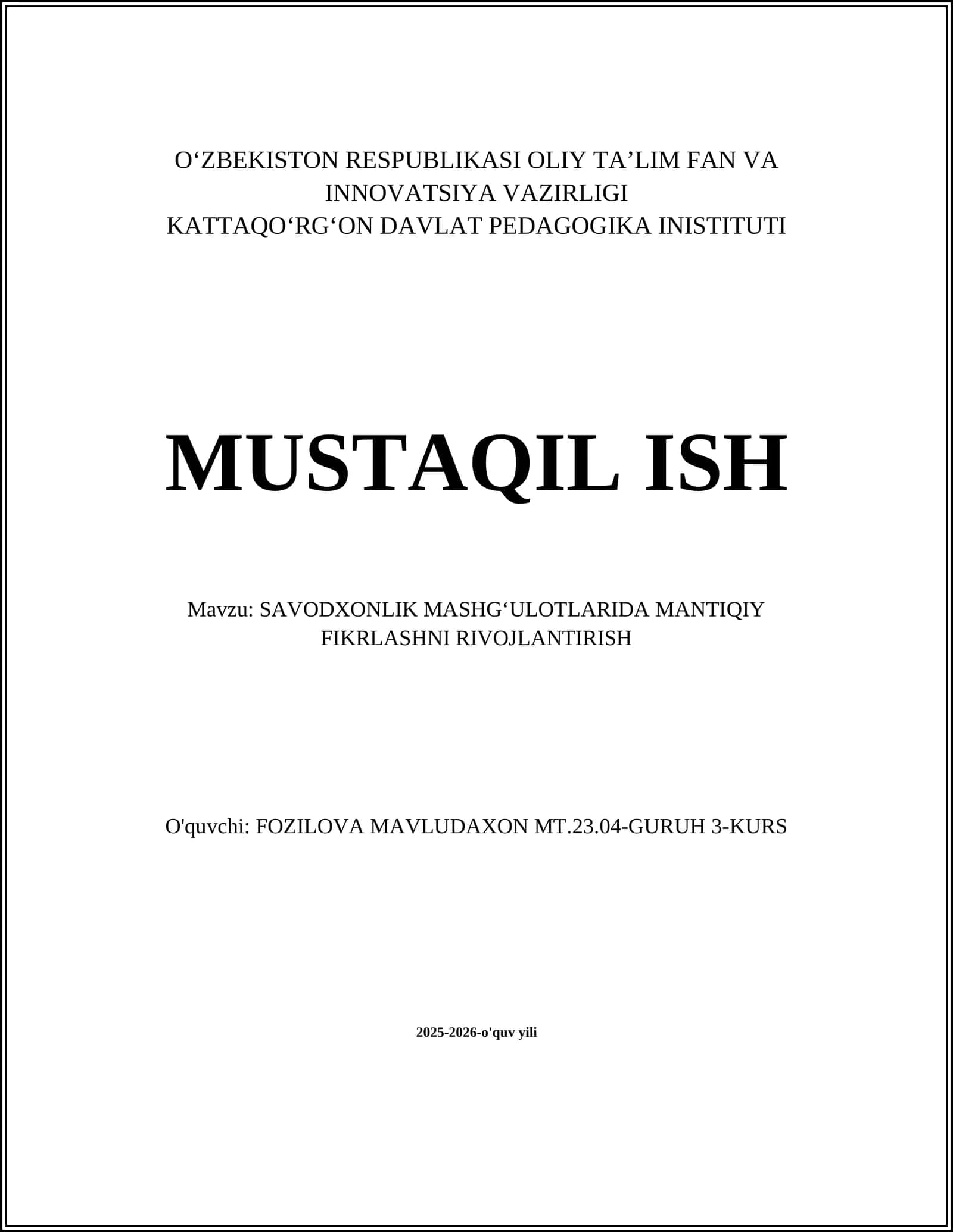 SAVODXONLIK MASHGʻULOTLARIDA MANTIQIY FIKRLASHNI RIVOJLANTIRISH 1