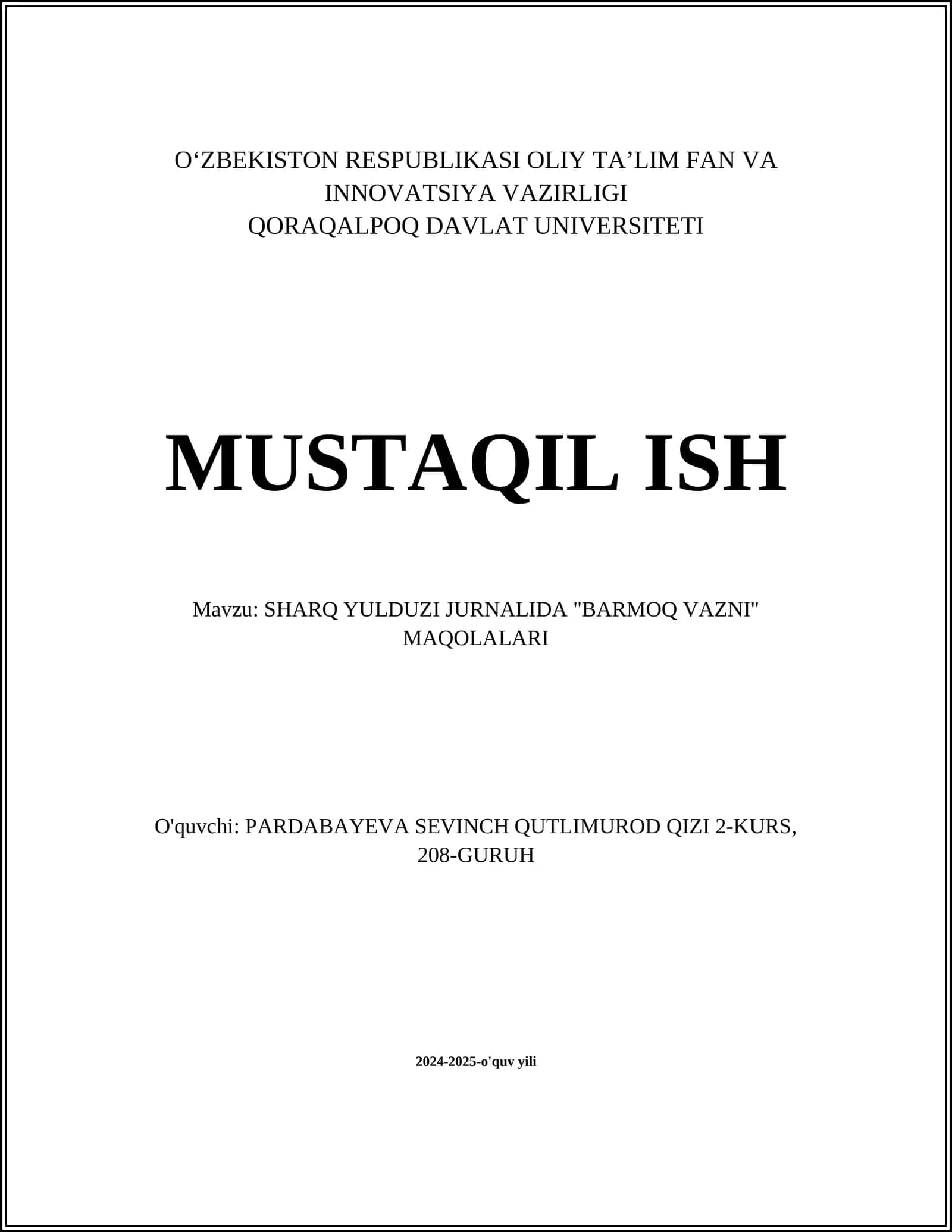 SHARQ YULDUZI JURNALIDA "BARMOQ VAZNI" MAQOLALARI 1