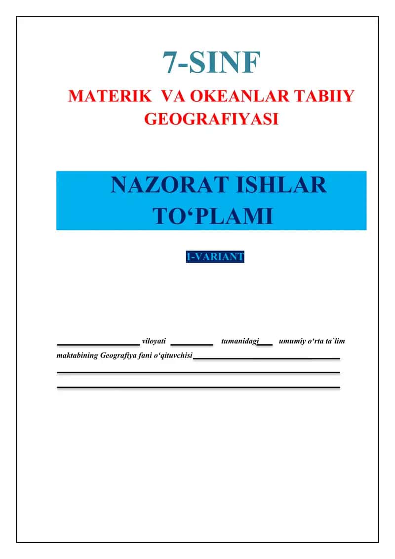 7-SINF. Nazorat ishi to`plami. 1-variant. Test 1