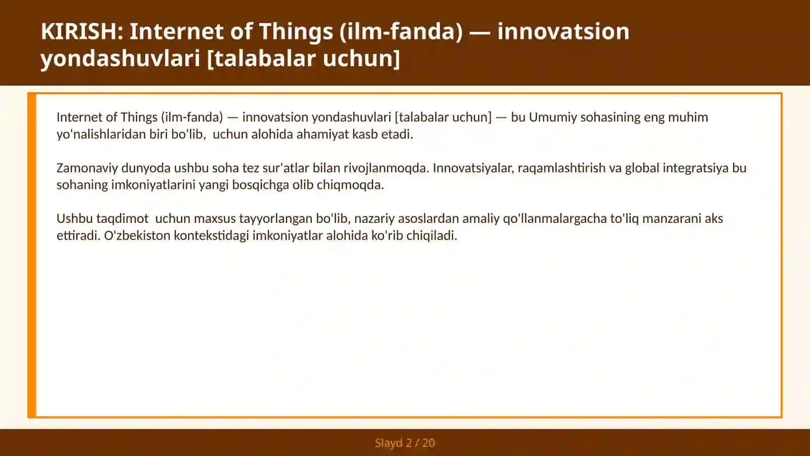 INTERNET OF THINGS (ILM-FANDA) — INNOVATSION YONDASHUVLARI [TALABALAR UCHUN] 2