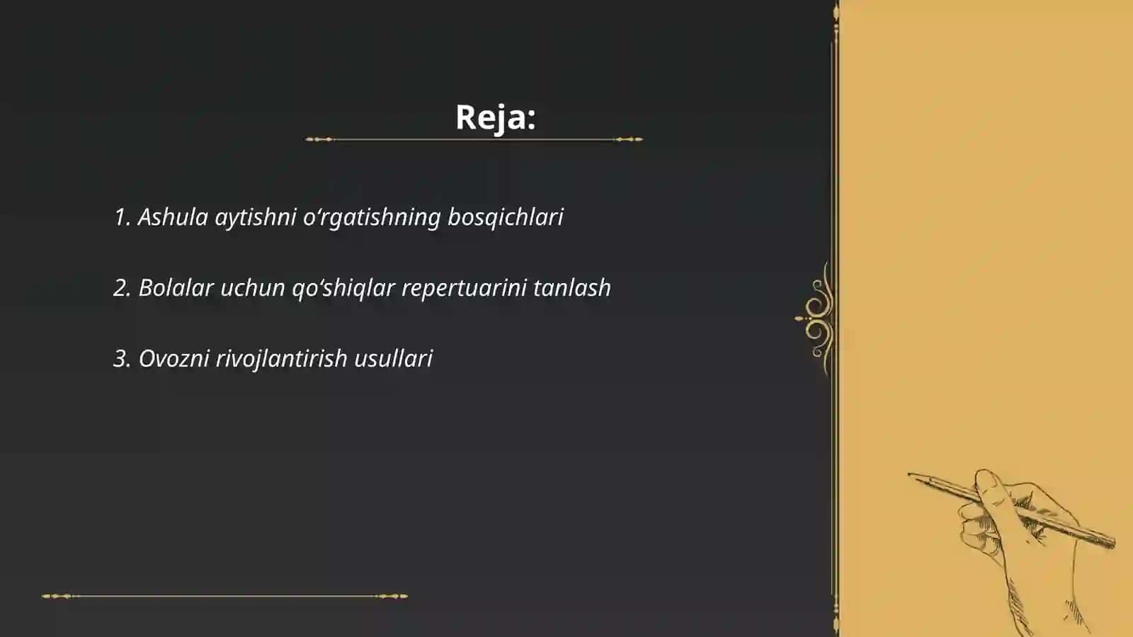 Bolalarni ashula aytish musiqa tinglash va xarakatlarini oʻrgatish 2