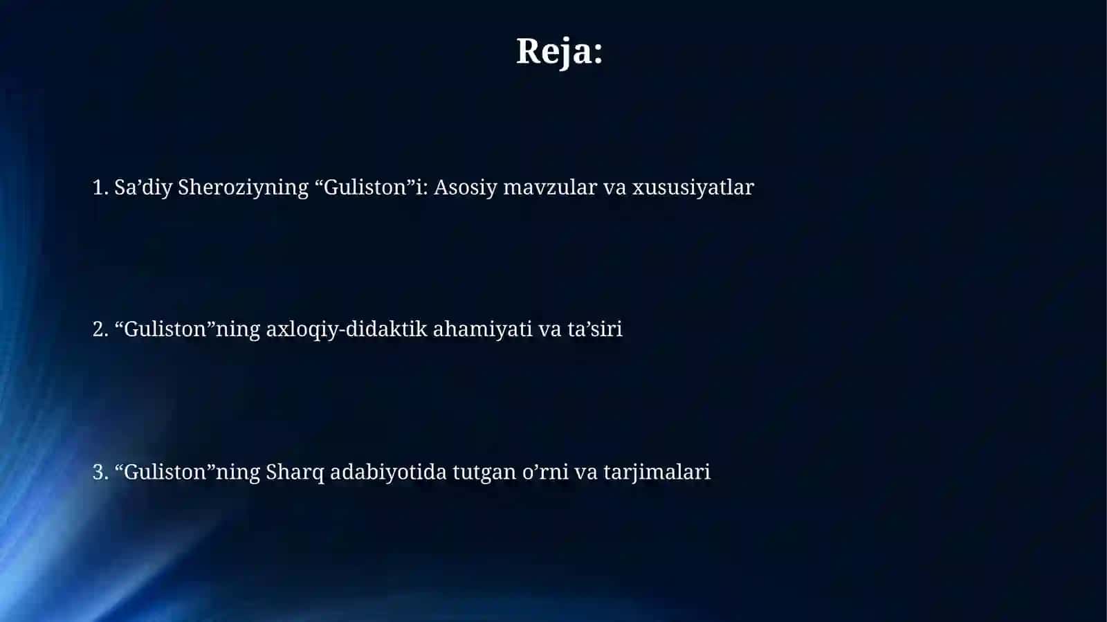 Sa’diy Sheroziy “Guliston” asarining Sharq adabiyotida tutgan o‘rni 2