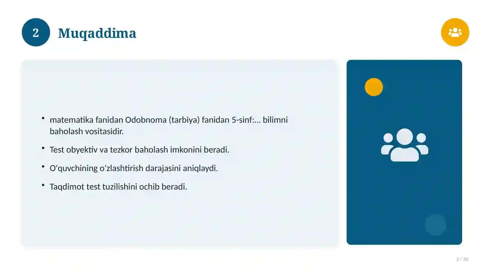 Odobnoma (tarbiya) fanidan 5-sinf: mavzulashtirilgan nazorat ishi 2