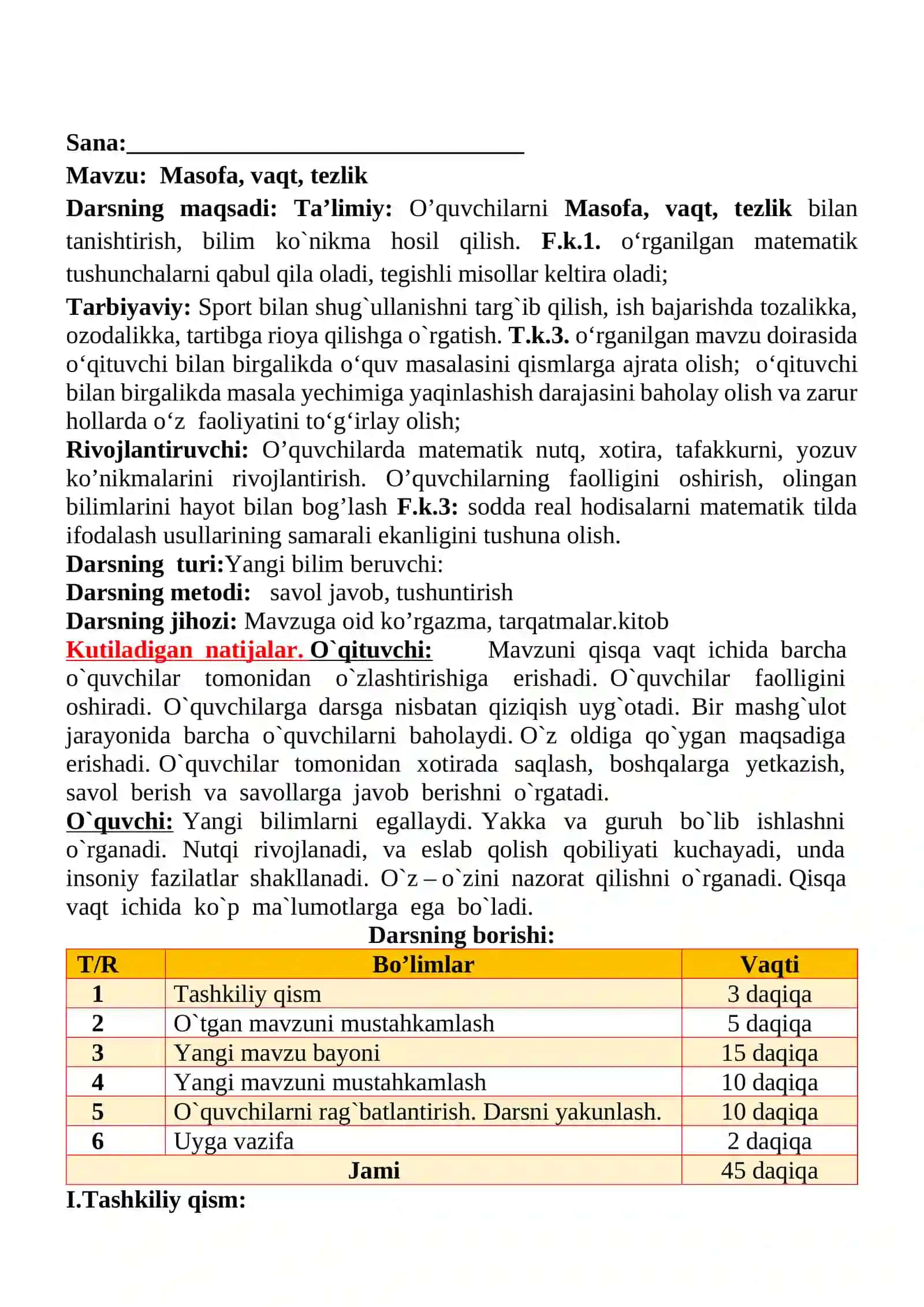 Masofa, vaqt, tezlik mavzusida 3-sinf Matematika fanidan dars ishlanmasi 2