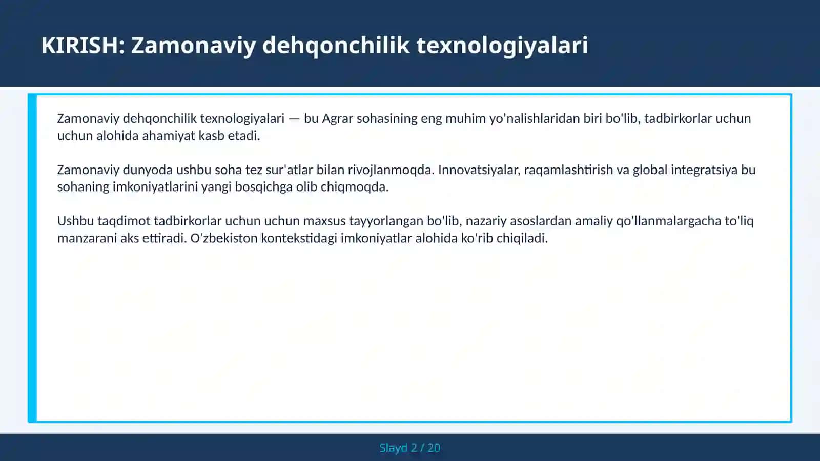 ZAMONAVIY DEHQONCHILIK TEXNOLOGIYALARI 2