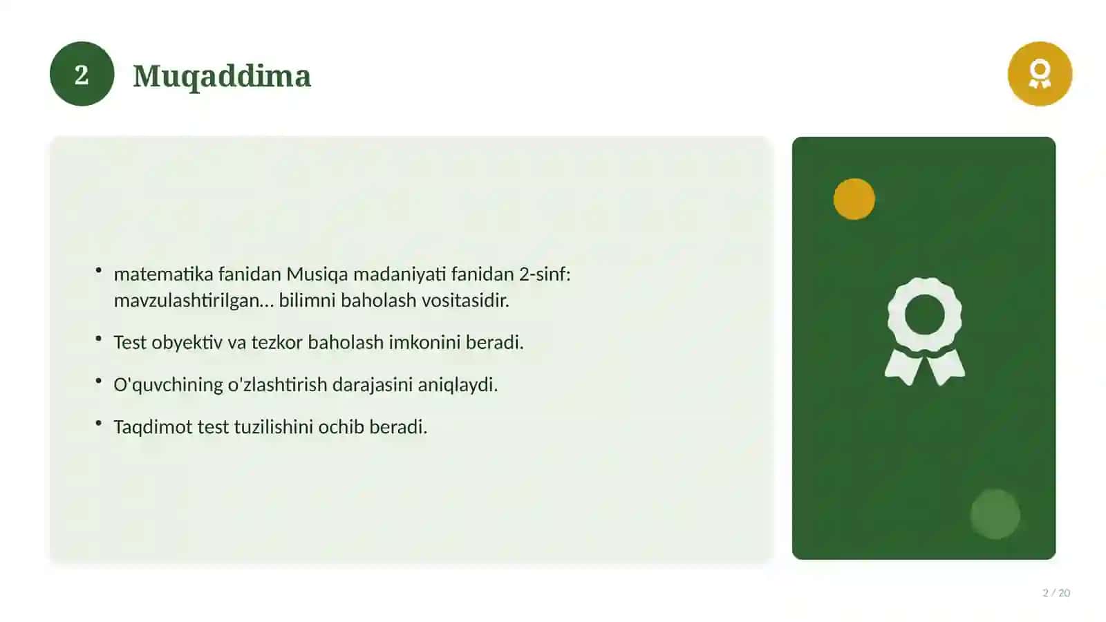 Musiqa madaniyati fanidan 2-sinf: mavzulashtirilgan nazorat ishi 2