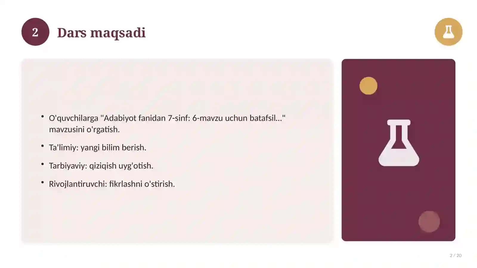 Adabiyot fanidan 7-sinf: 6-mavzu uchun batafsil dars ishlanmasi 2