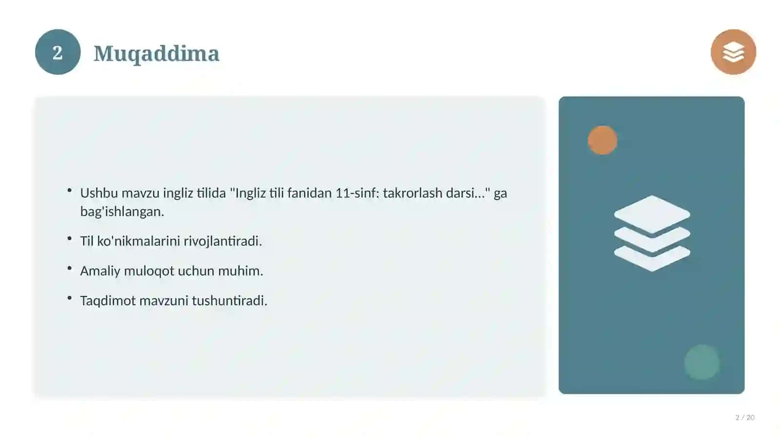 Ingliz tili fanidan 11-sinf: takrorlash darsi ishlanmasi 2