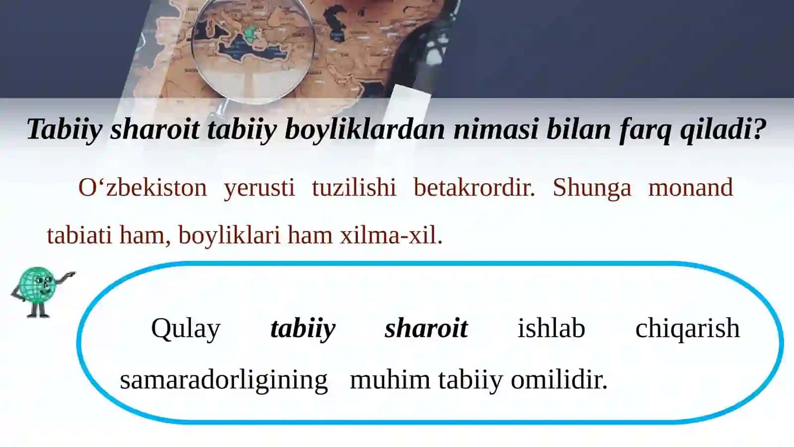 8-sinf Geografiya fanidan O'zbekistonning tabiiy sharoit va tabiiy boyliklari dars taqdimoti 2