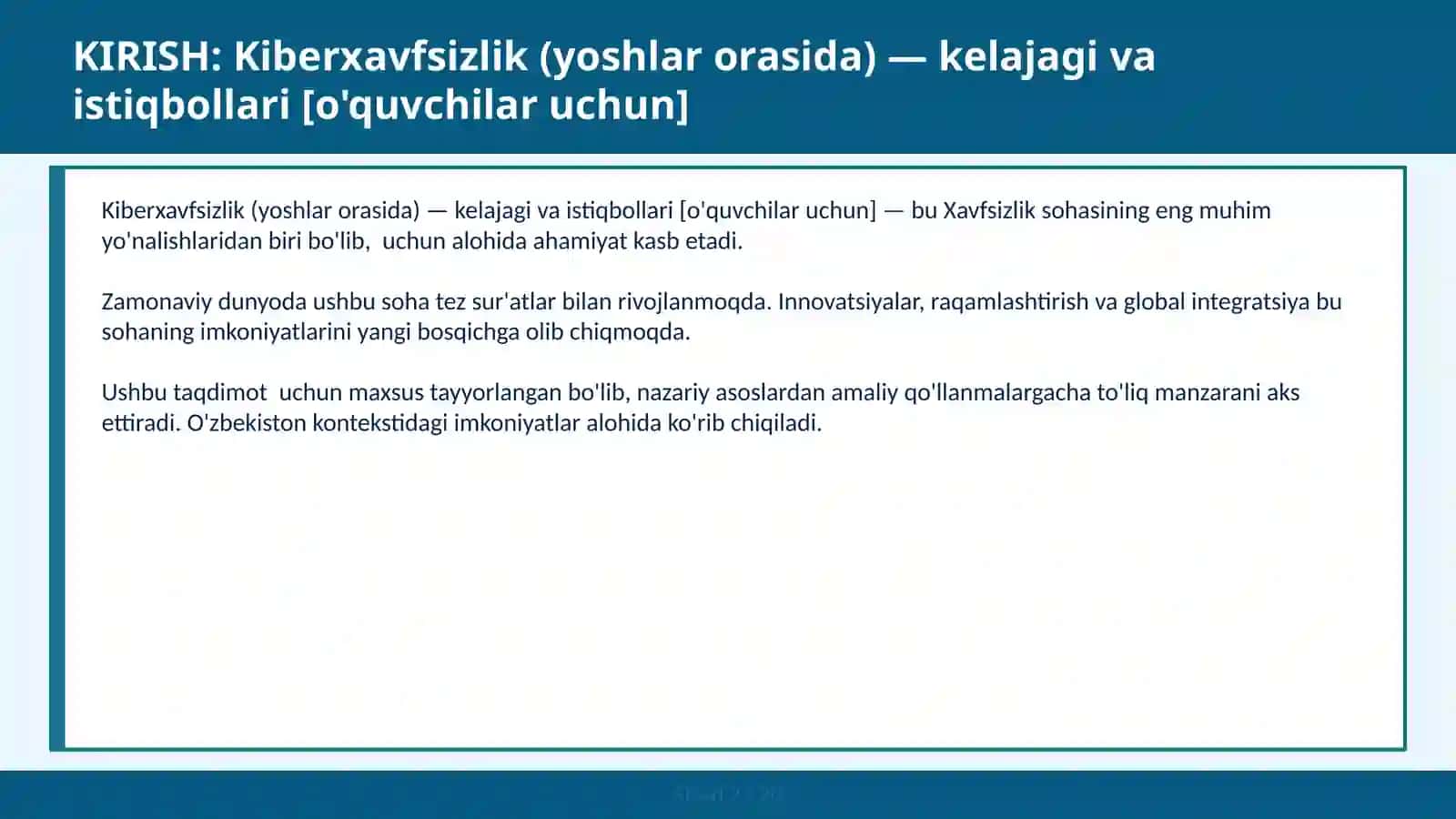 KIBERXAVFSIZLIK (YOSHLAR ORASIDA) — KELAJAGI VA ISTIQBOLLARI [O'QUVCHILAR UCHUN] 2