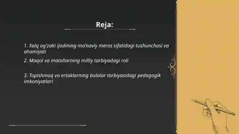 Xalq og'zaki ijodi va uning ma'naviy meros sifatidagi poydevori, xalq an'analari va tarbiyaviy ahamiyati 2