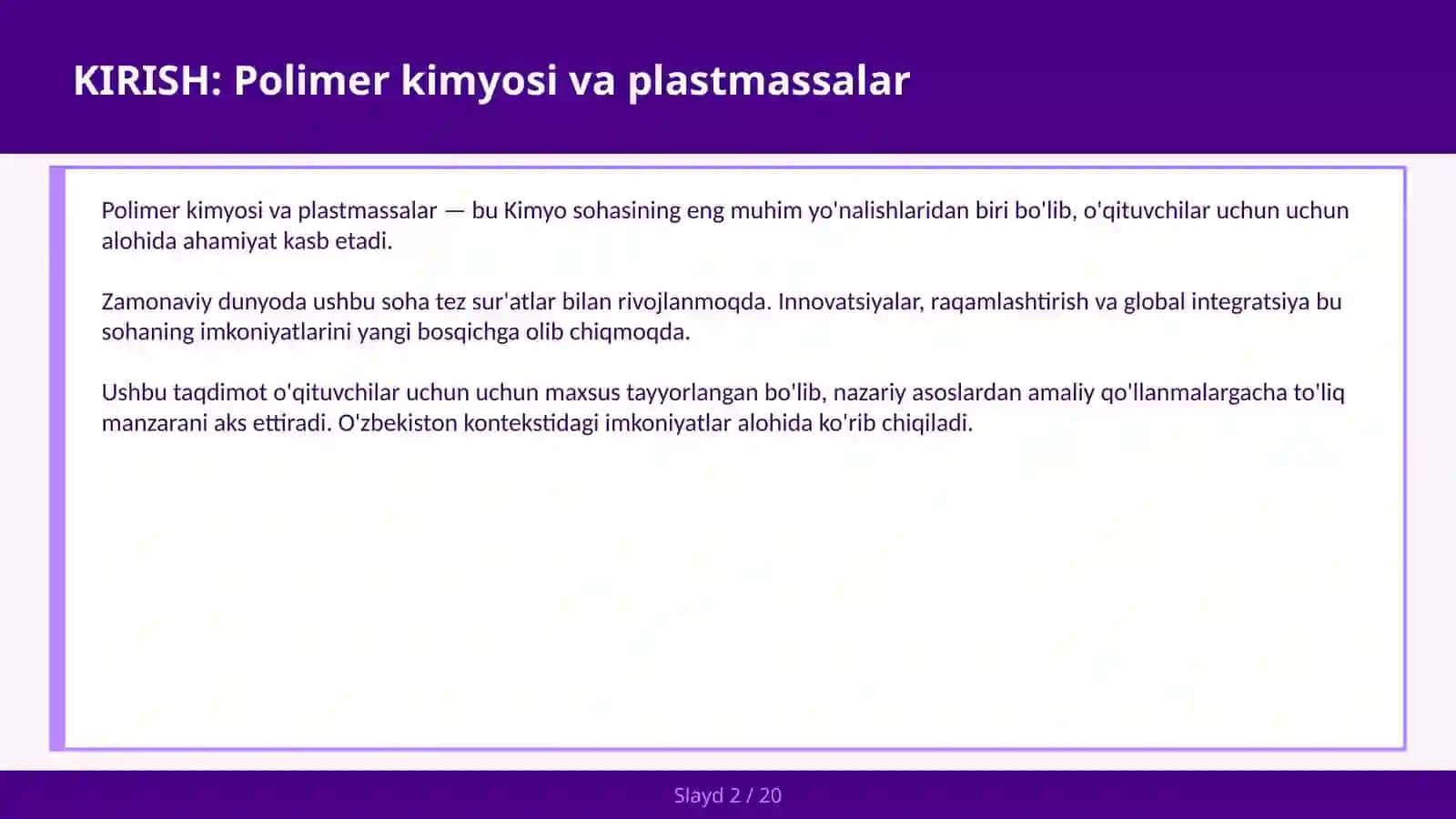 Polimer kimyosi va plastmassalar 2