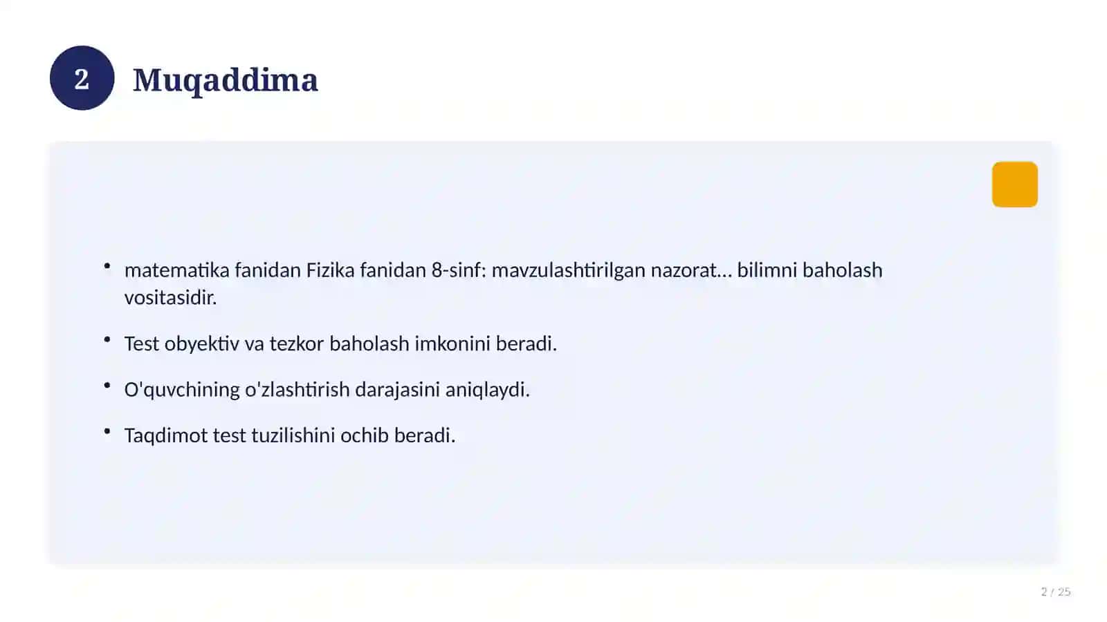 Fizika fanidan 8-sinf: mavzulashtirilgan nazorat ishi va tahlil 2