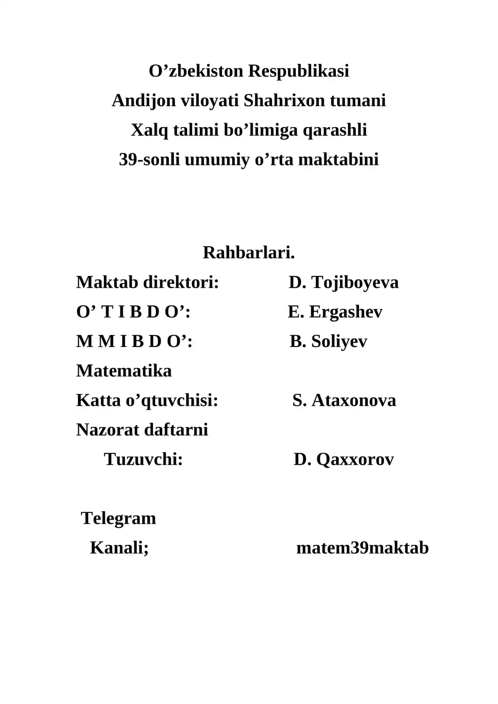 GEOMETRIYA Fanidan NAZORAT ISHI DAFTARI 2022-2023 O’QUV YILI UCHUN 2