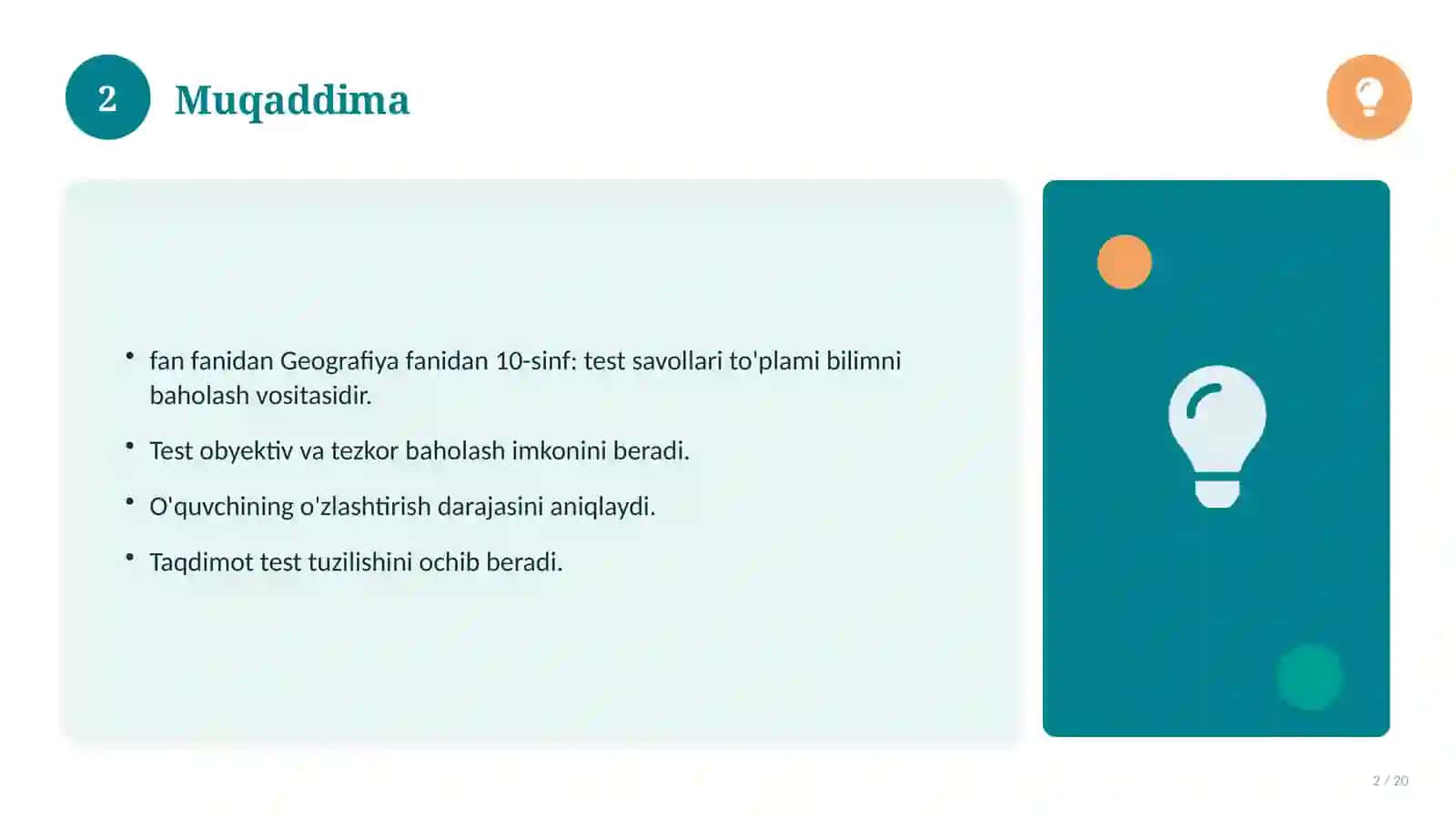 Geografiya fanidan 10-sinf: test savollari to'plami 2