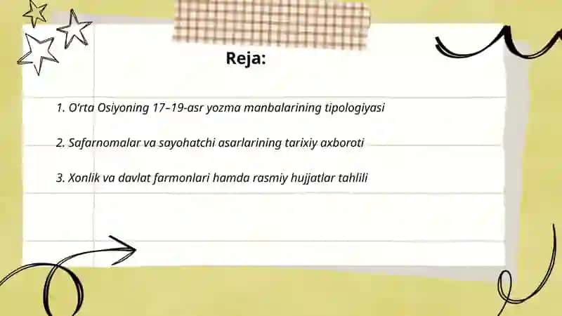 Oʻrta Osiyoning 17-19 asr tarixiga oid yozma manbalari 2