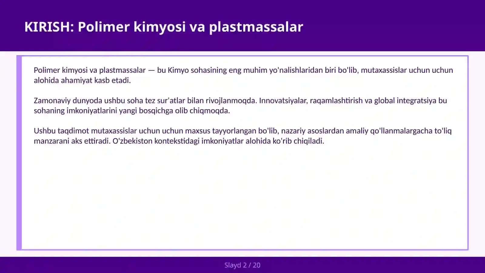 Polimer kimyosi va plastmassalar 2