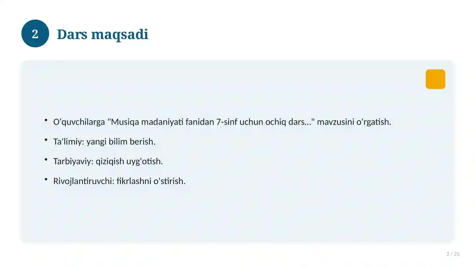 Musiqa madaniyati fanidan 7-sinf uchun ochiq dars ishlanmasi 2