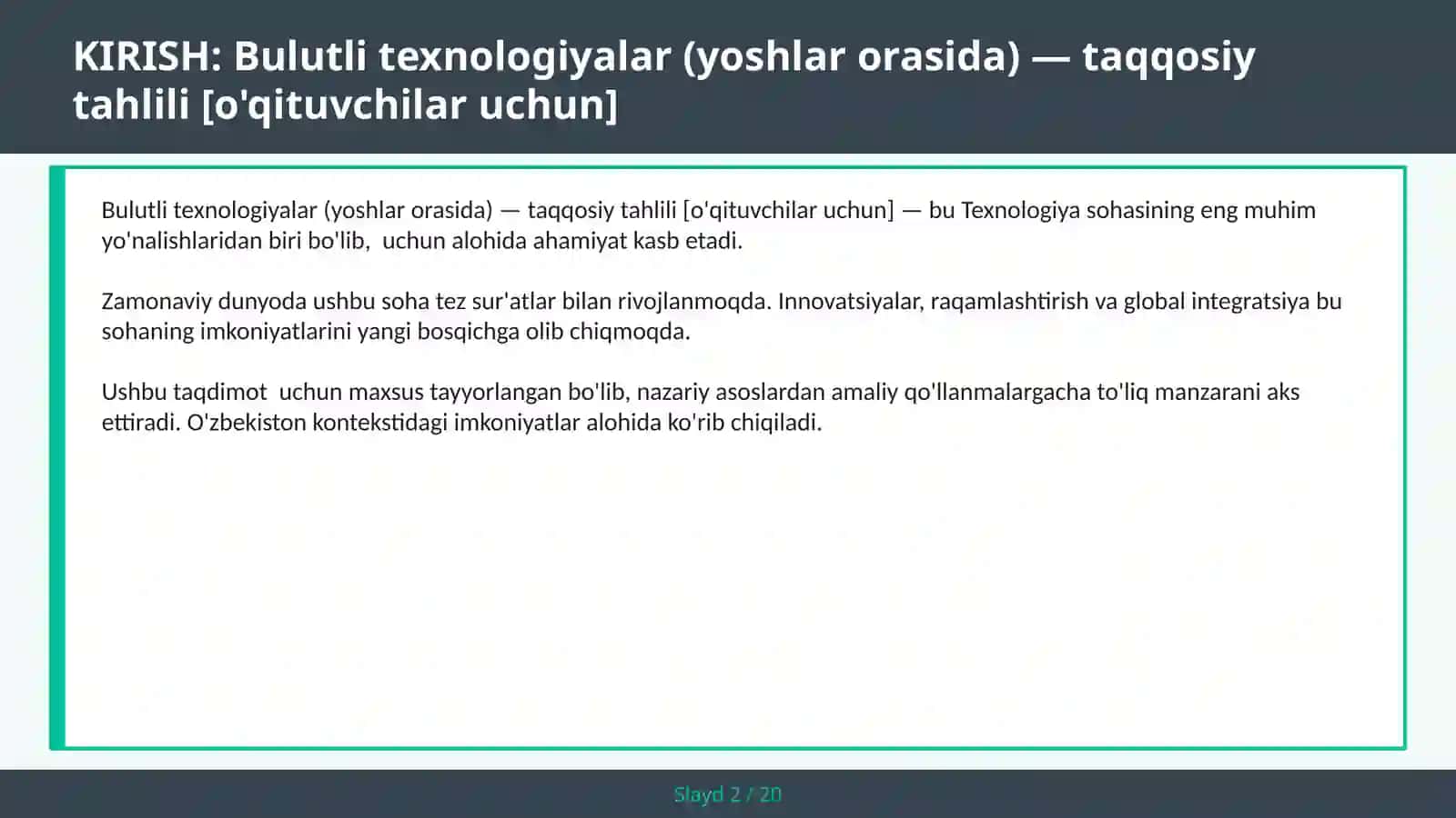 Bulutli texnologiyalar (yoshlar orasida) — taqqosiy tahlili [o'qituvchilar uchun] 2
