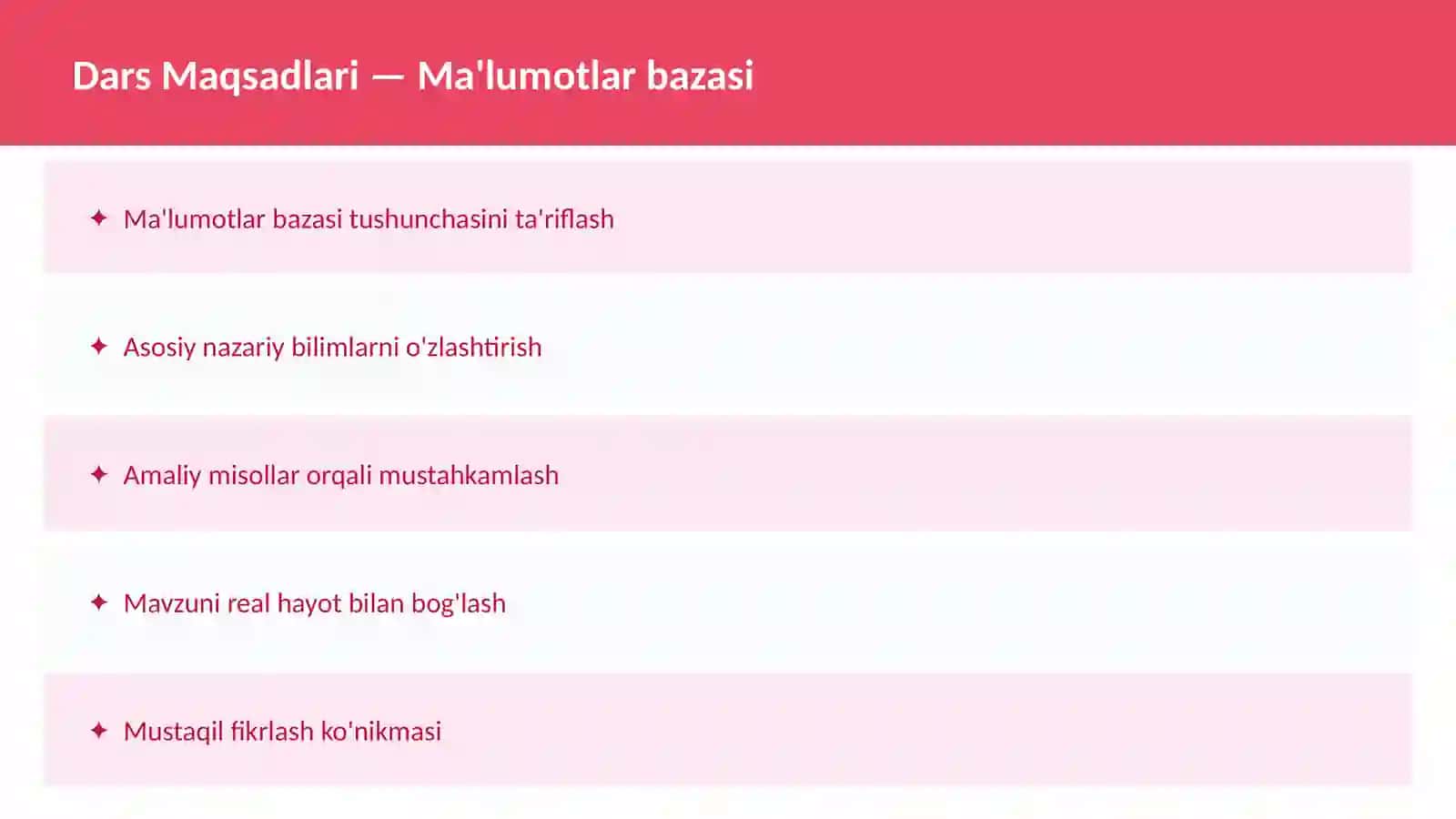 SQL O'qituvchilar va talabalar uchun dars ishlanma 2