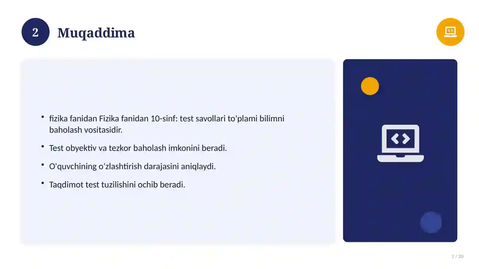 Fizika fanidan 10-sinf: test savollari to'plami 2