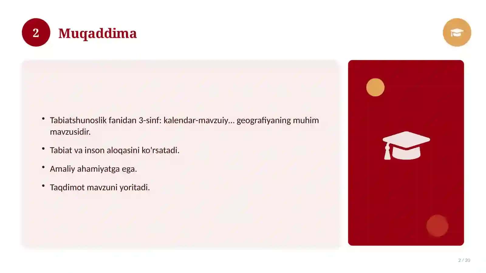 Tabiatshunoslik fanidan 3-sinf: kalendar-mavzuiy reja 2