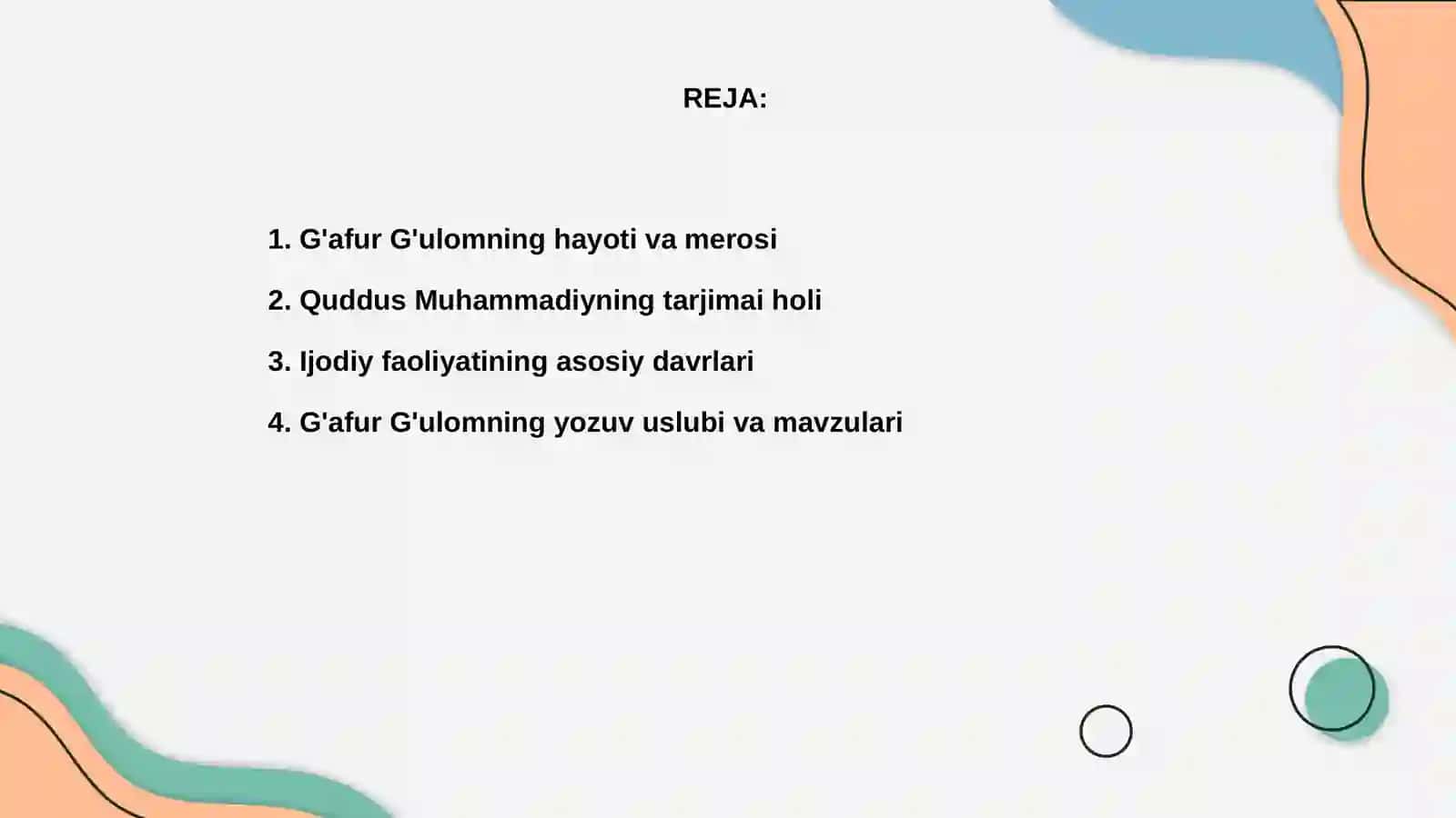 G'afur G'ulom va Quddus Muhammadiyning hayoti va ijodi faoliyati boyicha 2
