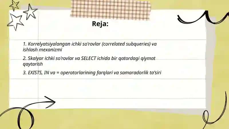 Korrelyatsiyalangan ichki so'rovlar (correlated subqueries) va ishlash mexanizmi 2