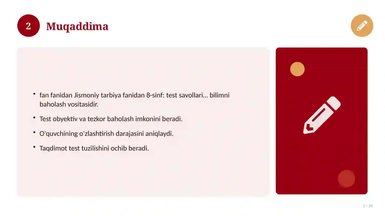 Jismoniy tarbiya fanidan 8-sinf: test savollari to'plami 2