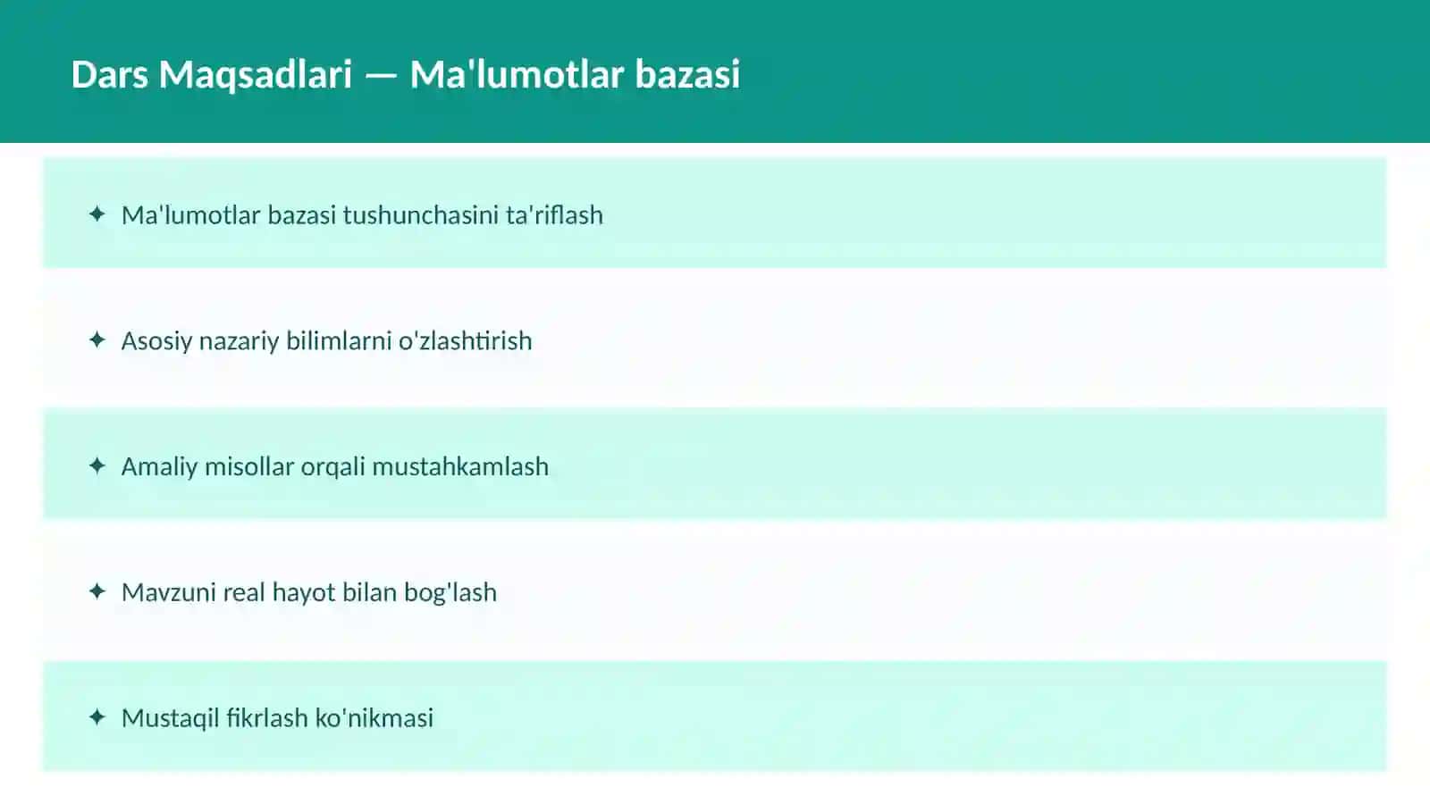 SQL O'qituvchilar va talabalar uchun dars ishlanma 2