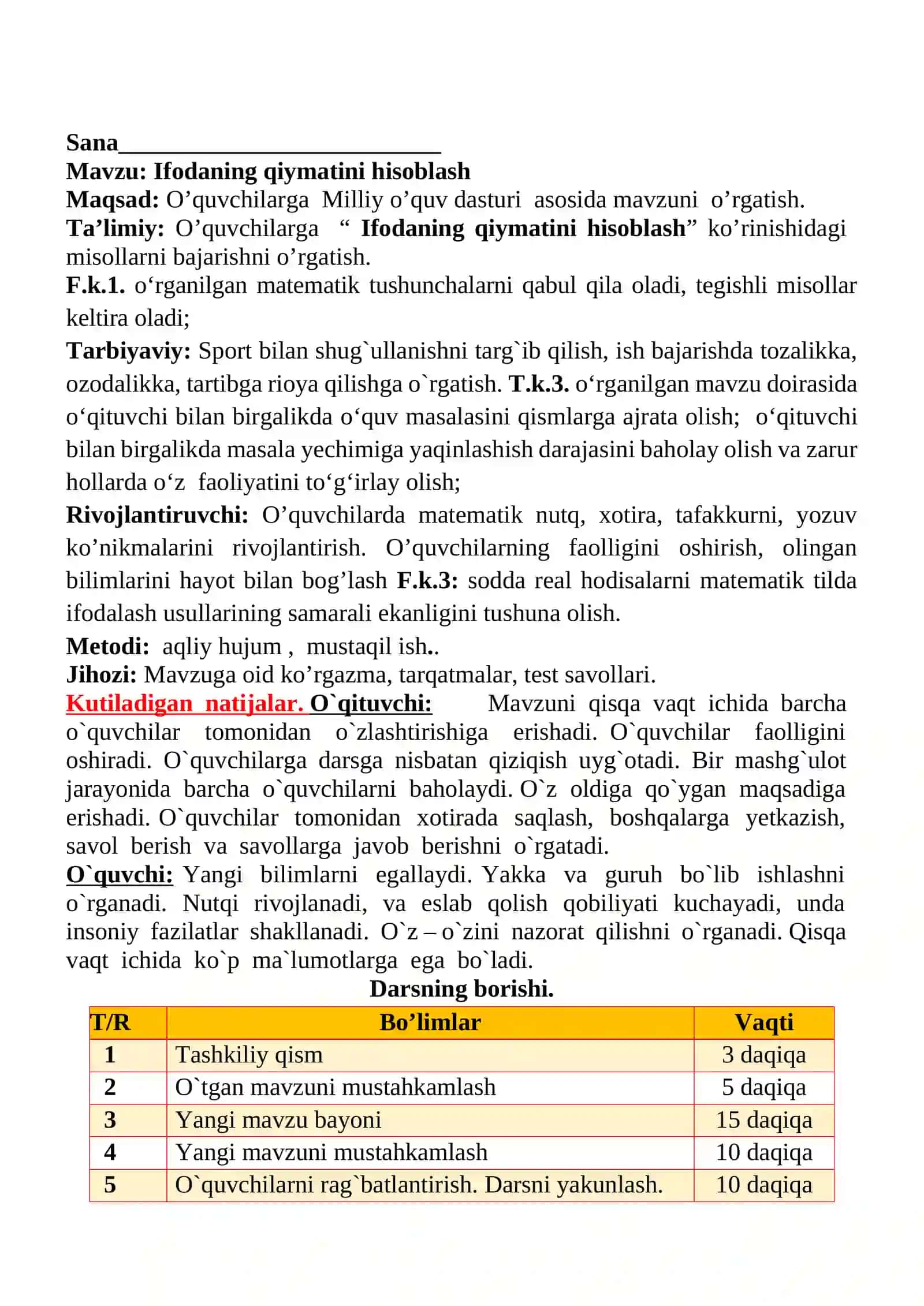Ifodaning qiymatini hisoblash 1-sinflar uchun Matematika fanidan dars ishlanmasi 2