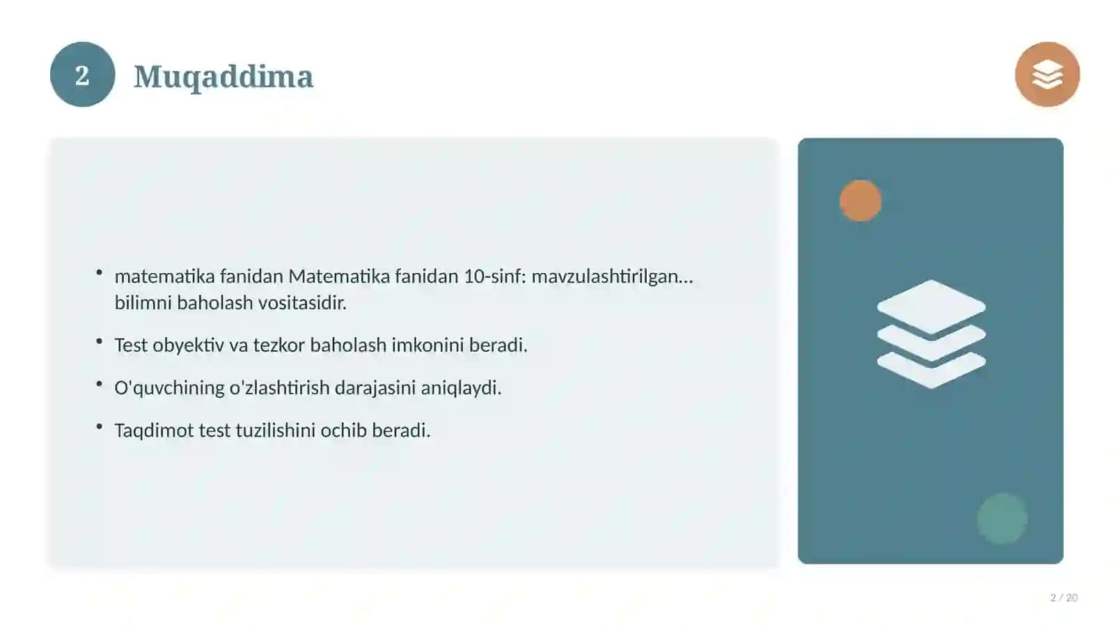 Matematika fanidan 10-sinf: mavzulashtirilgan nazorat ishi 2