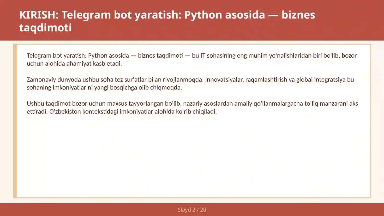 Telegram bot yaratish: Python asosida — biznes taqdimoti 2