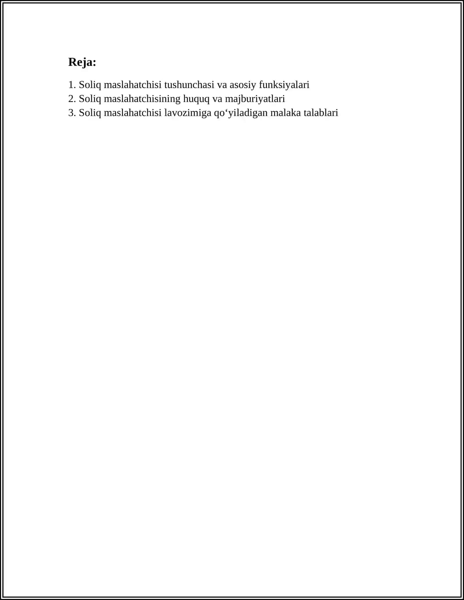 SOLIQ MASLAHATCHISI, UNGA DOIR MALAKA TALABLARI HAMDA MALAKA SERTIFIKATINI OLISH TARTIBI 2