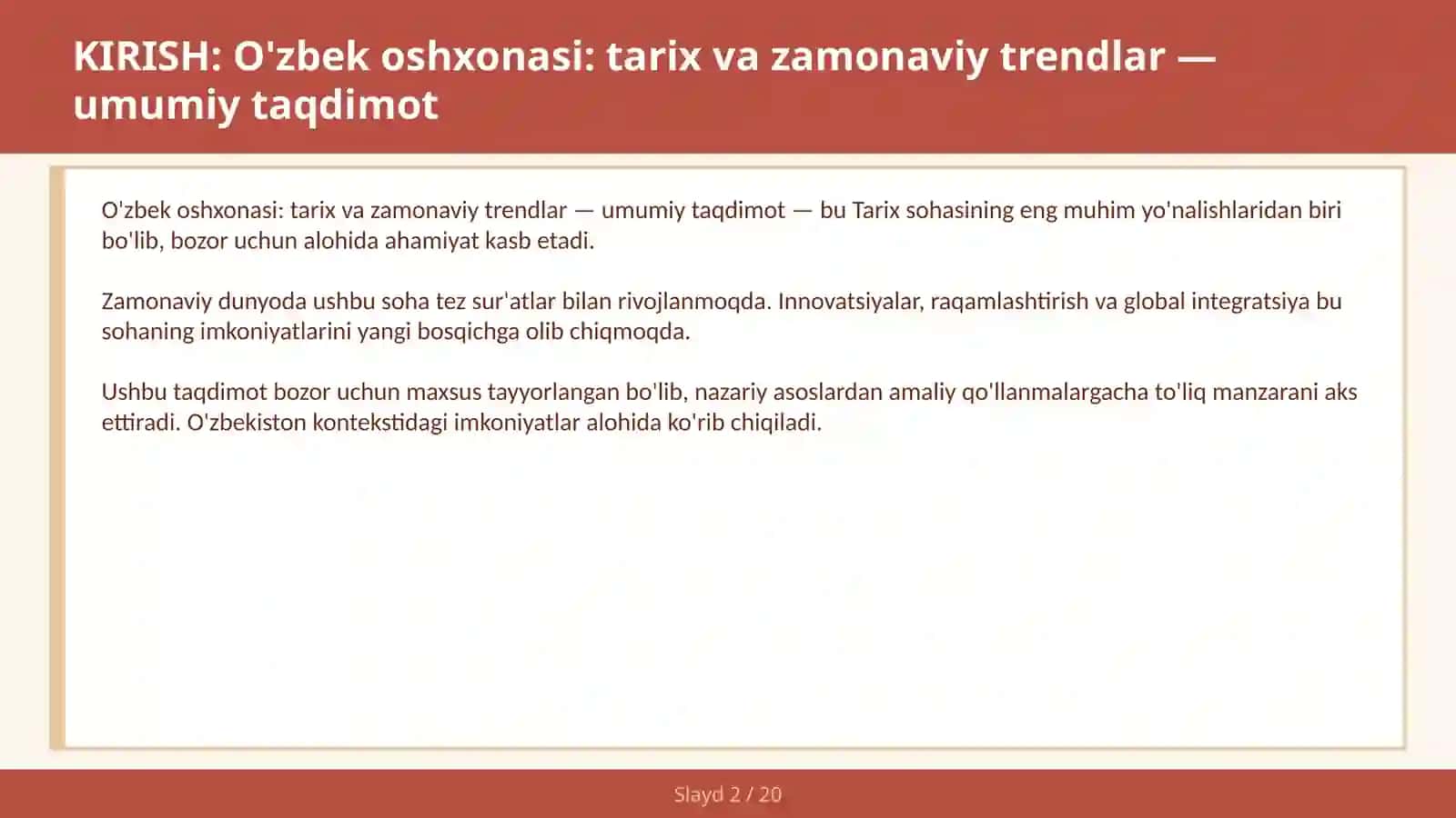 O'zbek oshxonasi: tarix va zamonaviy trendlar — umumiy taqdimot 2
