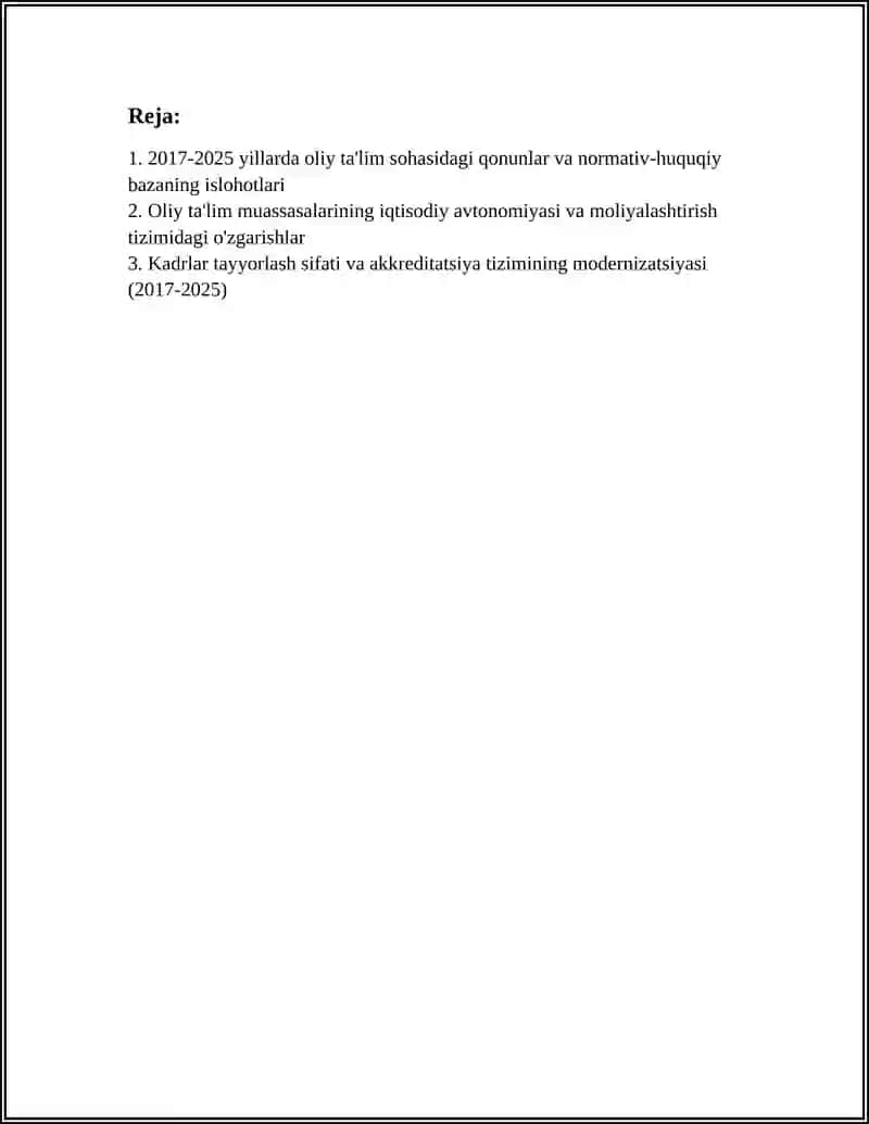 MUSTAQILLIK YILLARIDA OLIY TA'LIM TIZIMI VA UNDAGI ISLOHOTLAR ( 2017-2025 YILLAR MISOLIDA) 2