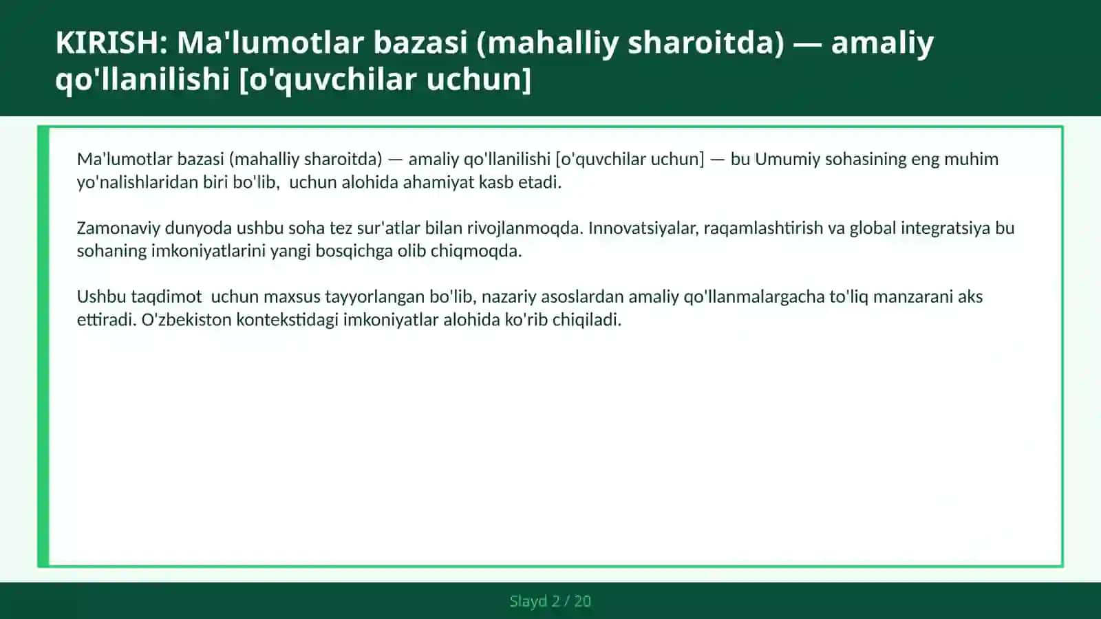 Ma'lumotlar bazasi (mahalliy sharoitda) — amaliy qo'llanilishi [o'quvchilar uchun] 2