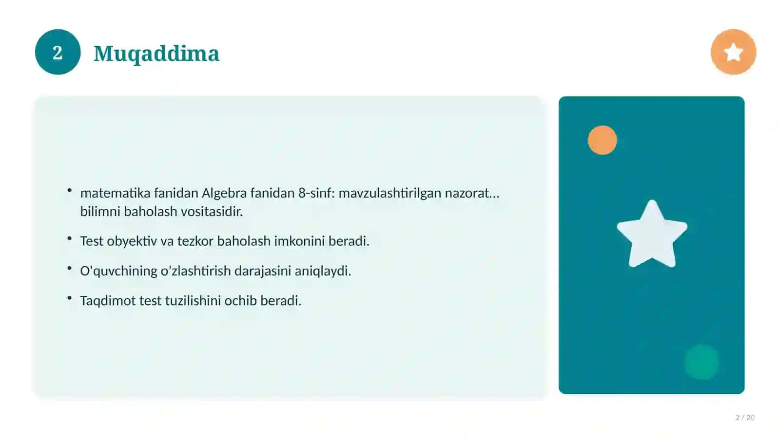 Algebra fanidan 8-sinf: mavzulashtirilgan nazorat ishi 2