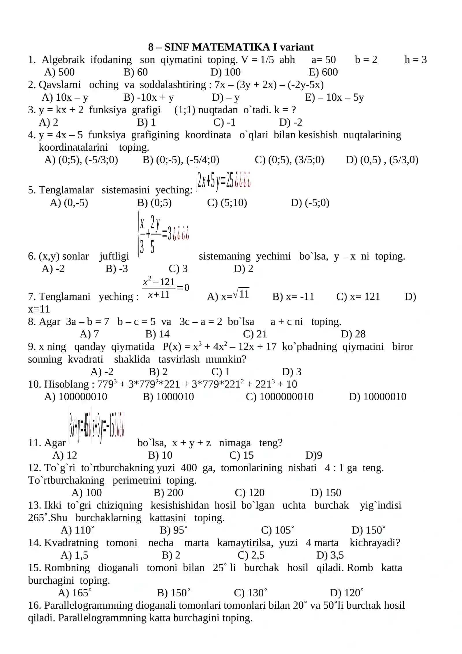 MATEMATIKA 8-sinf Yozma ish 2