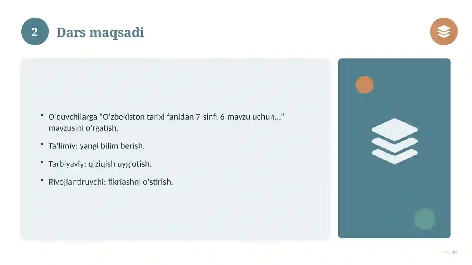 O'zbekiston tarixi fanidan 7-sinf: 6-mavzu uchun batafsil dars ishlanmasi 2