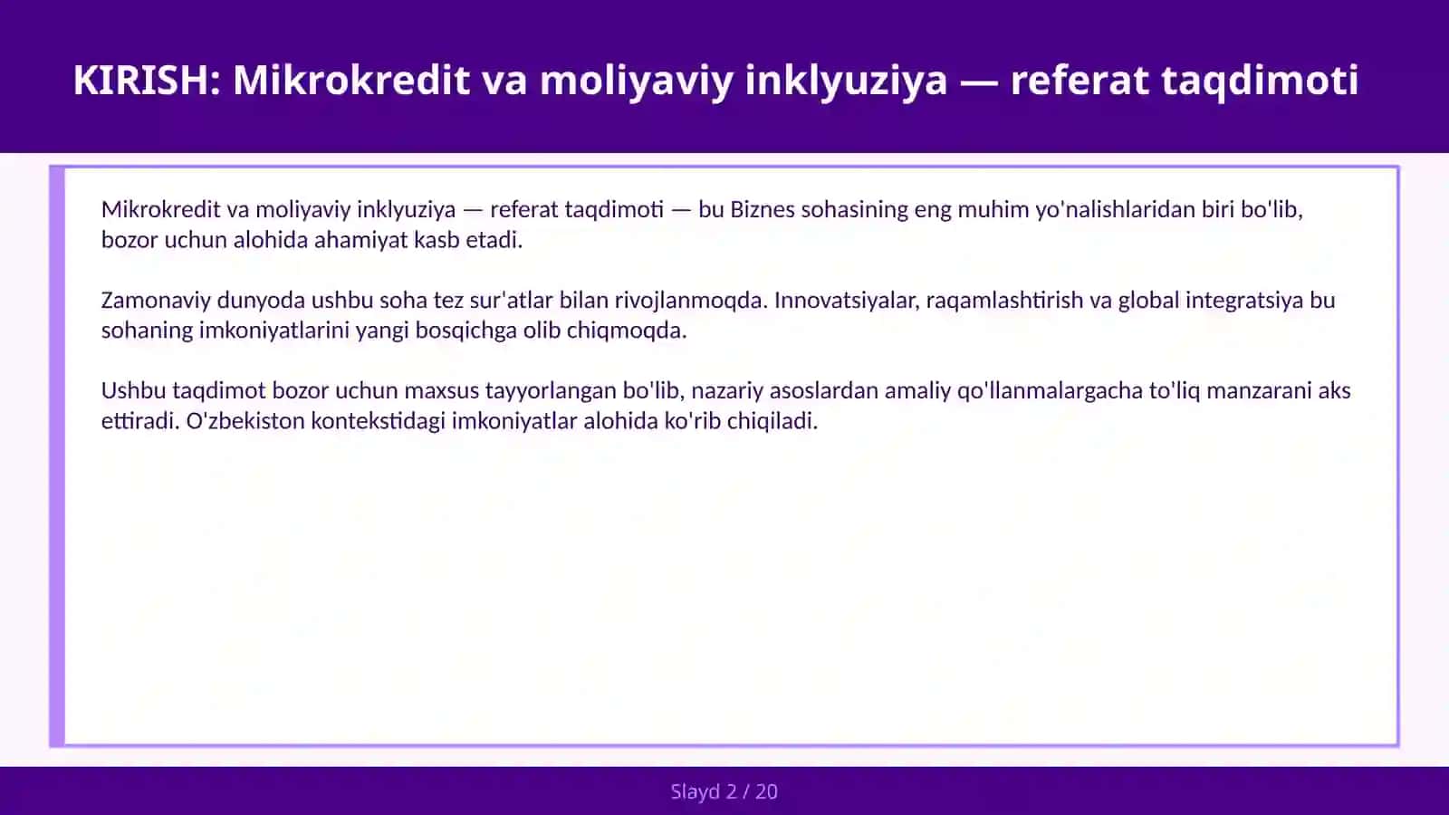 Mikrokredit va moliyaviy inklyuziya — referat taqdimoti 2
