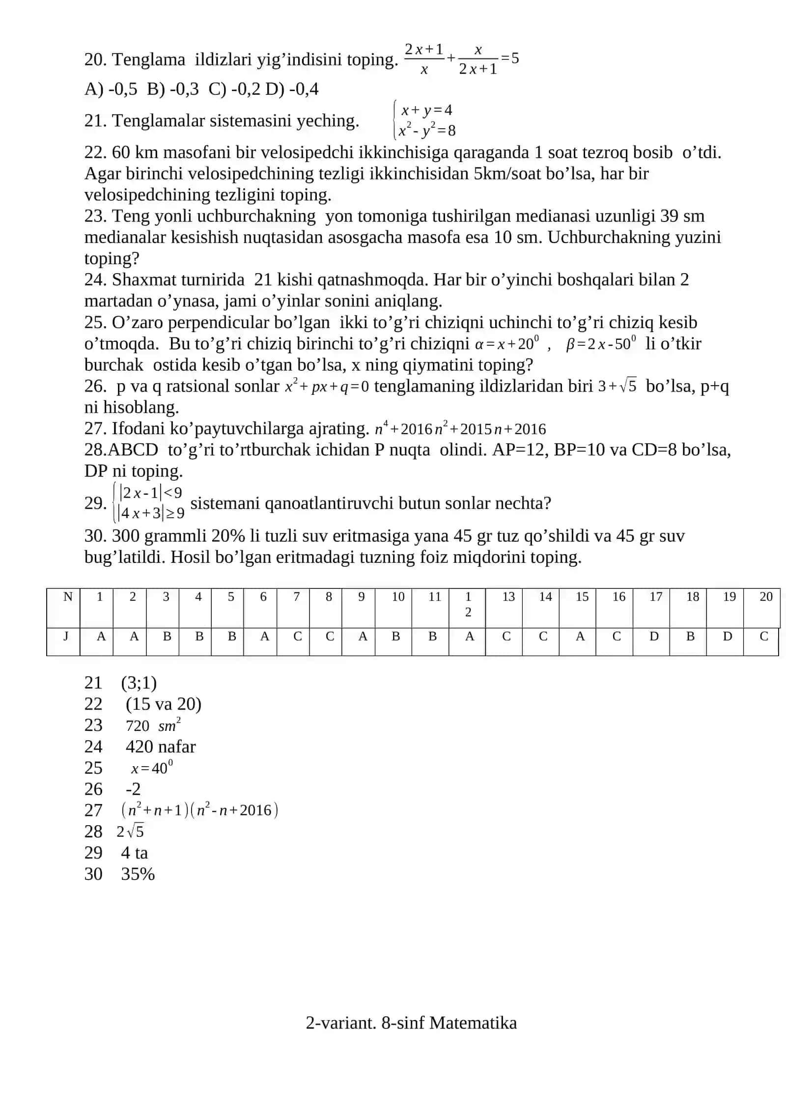 Variant 8-sinf matematika 2