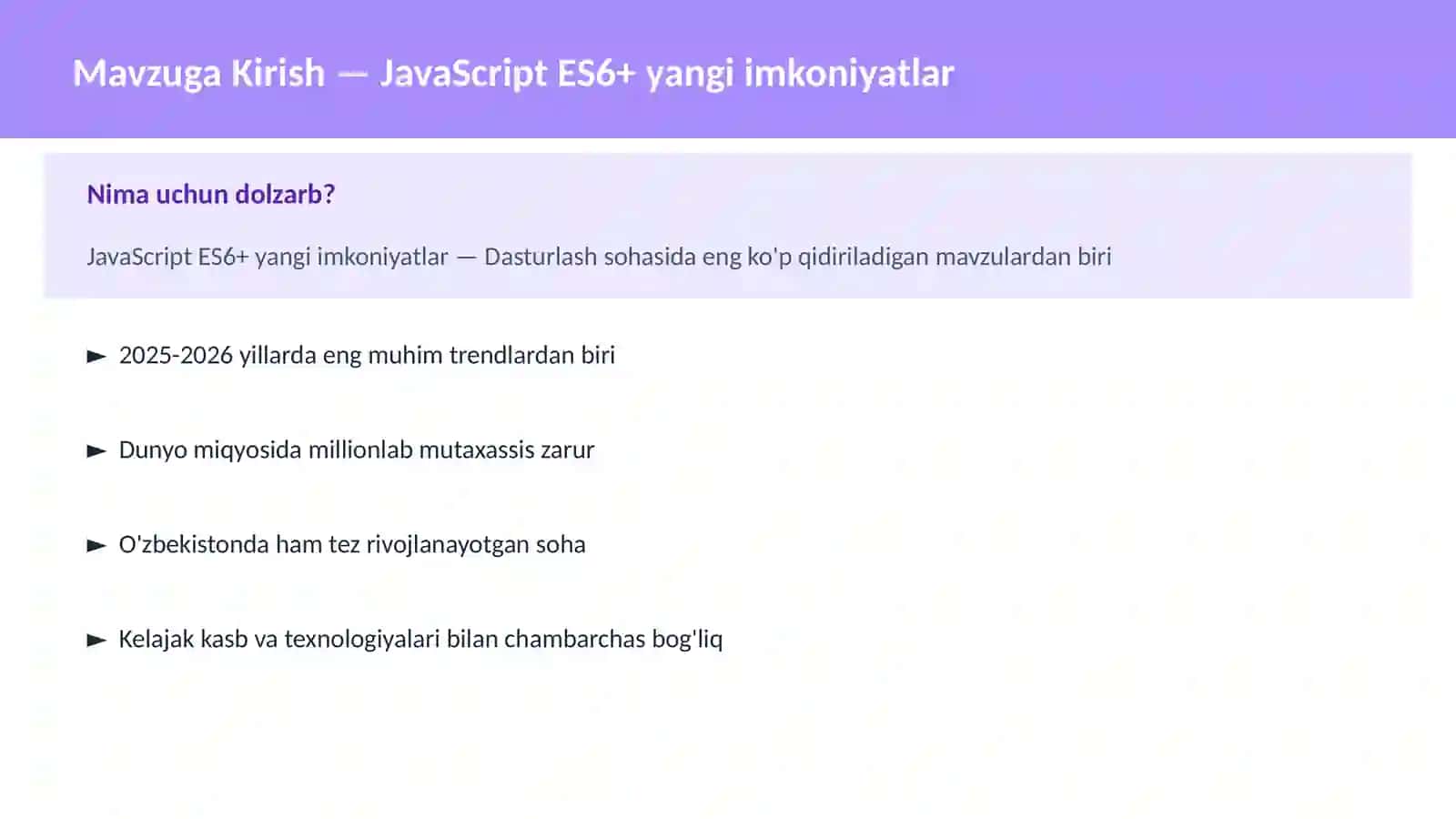 JavaScript ES6+ yangi imkoniyatlar 2