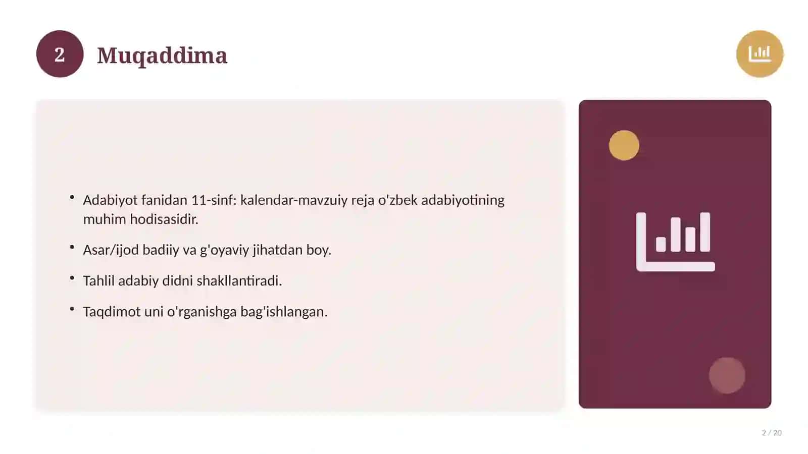 Adabiyot fanidan 11-sinf: kalendar-mavzuiy reja 2