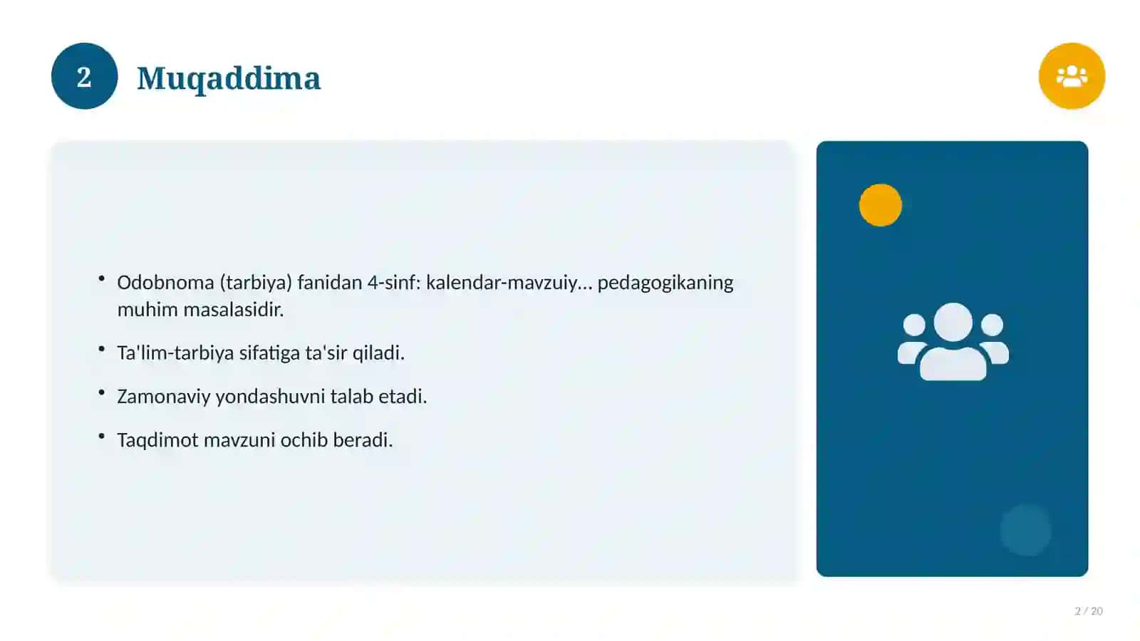 Odobnoma (tarbiya) fanidan 4-sinf: kalendar-mavzuiy reja 2