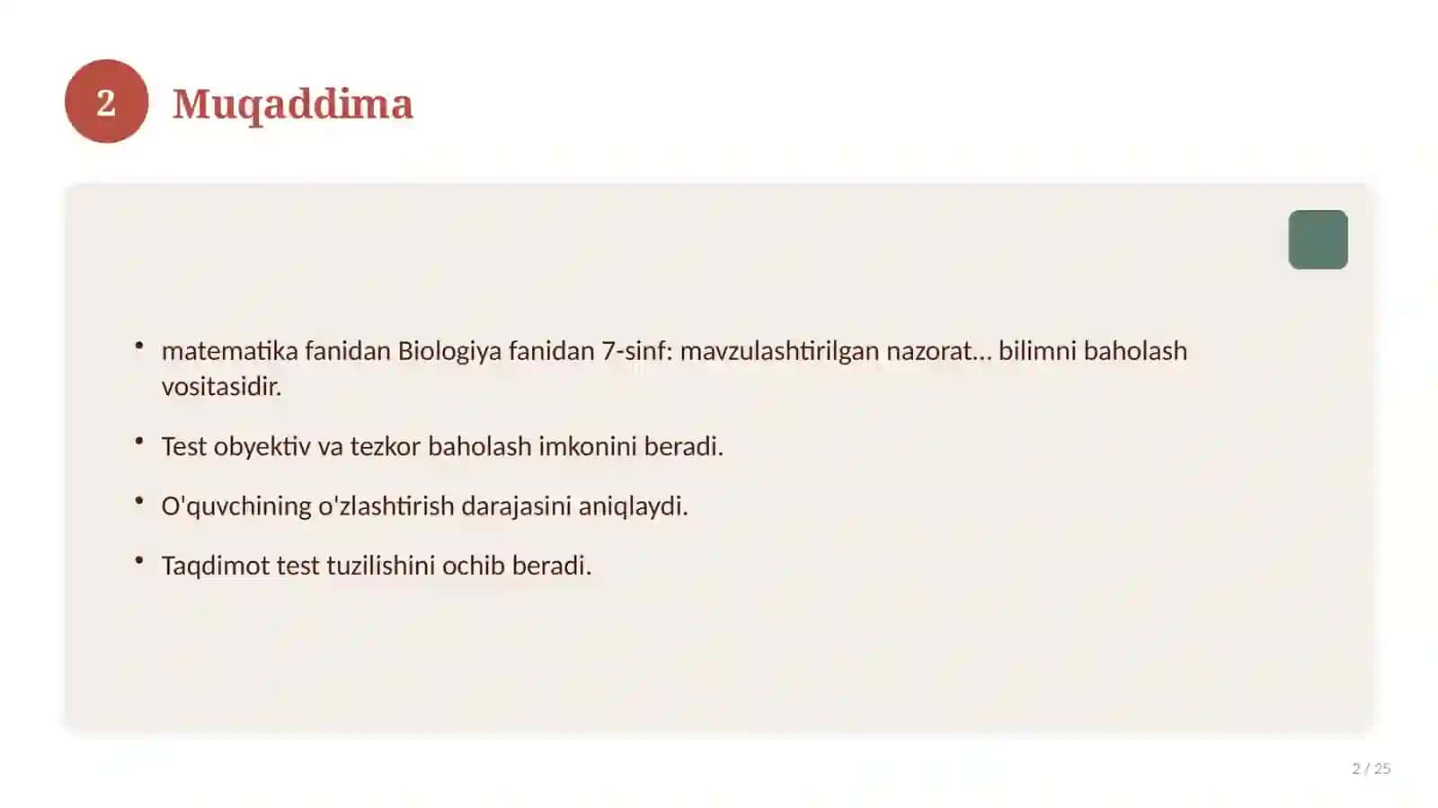 Biologiya fanidan 7-sinf: mavzulashtirilgan nazorat ishi va tahlil 2